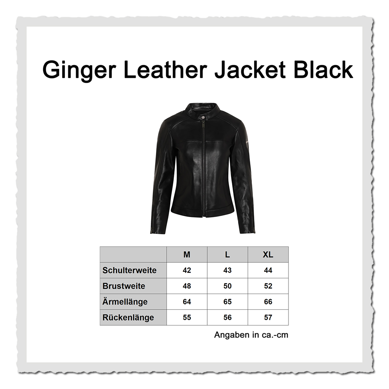 Masstabelle der Rokker Ginger Damenjacke mit Größengrafik und freigestellter Jacke von weissem Hintergrund